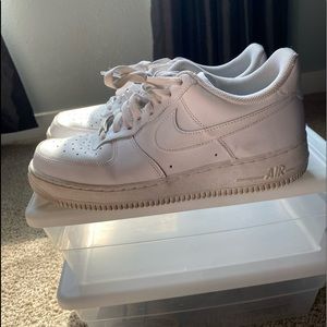Nike AF1’s, size 9.5. With a couple creases, & a small tear mark! Can be washed!